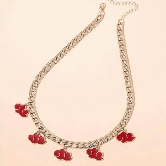Naruto : Red Akatsuki Choker Necklace W Chunky Silver Chain | Nwt